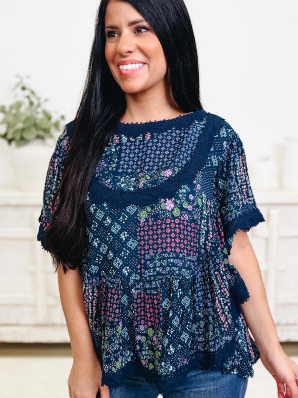 Easel Navy Floral Crochet-Trim Kimono